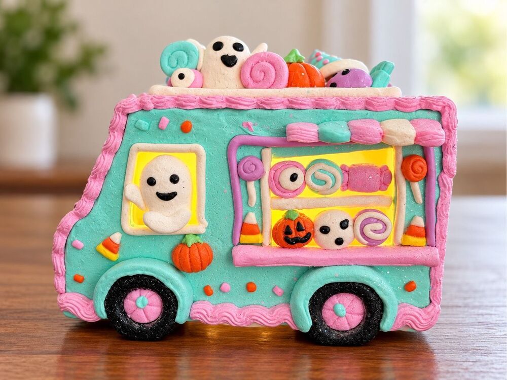 Light Up Pastel Halloween Candy Truck Ghost Pumpkin Tabletop Home Decor LED